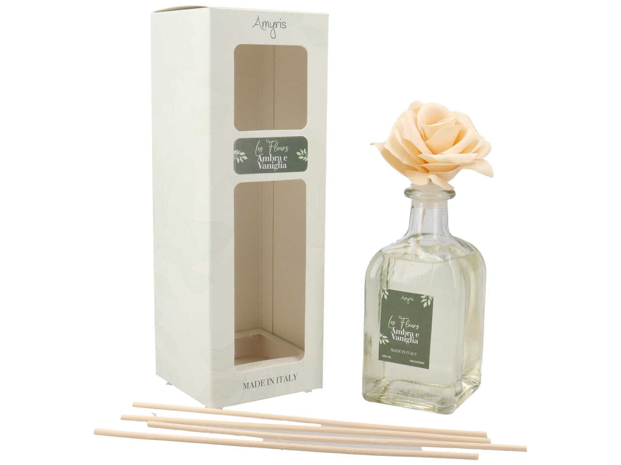 Diffusore Ambiente Bastoncini Ambra e Vaniglia 250ml – Vetro con Fiore Rosa e Rattan