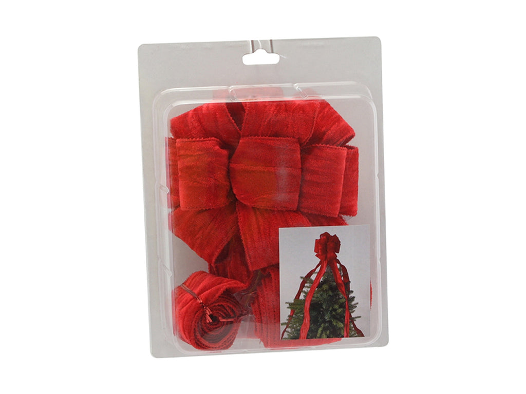 Fiocco puntale per albero di Natale in velluto rosso con code lunghe 180 cm