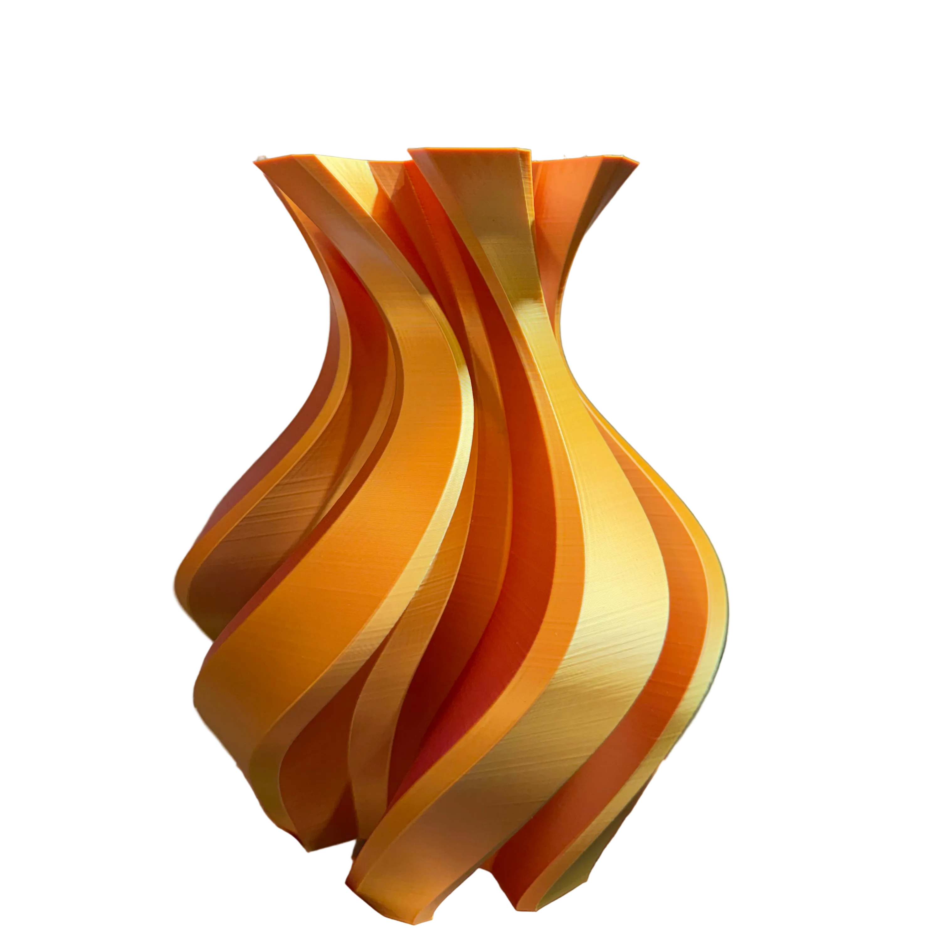 Vaso Twister rosa, arancio e oro, finitura cangiante – stampa 3D