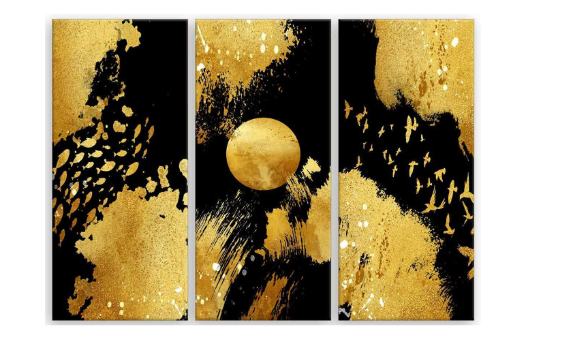 Set di 3 quadri Universo oro e nero con struttura in legno, 120x49 cm