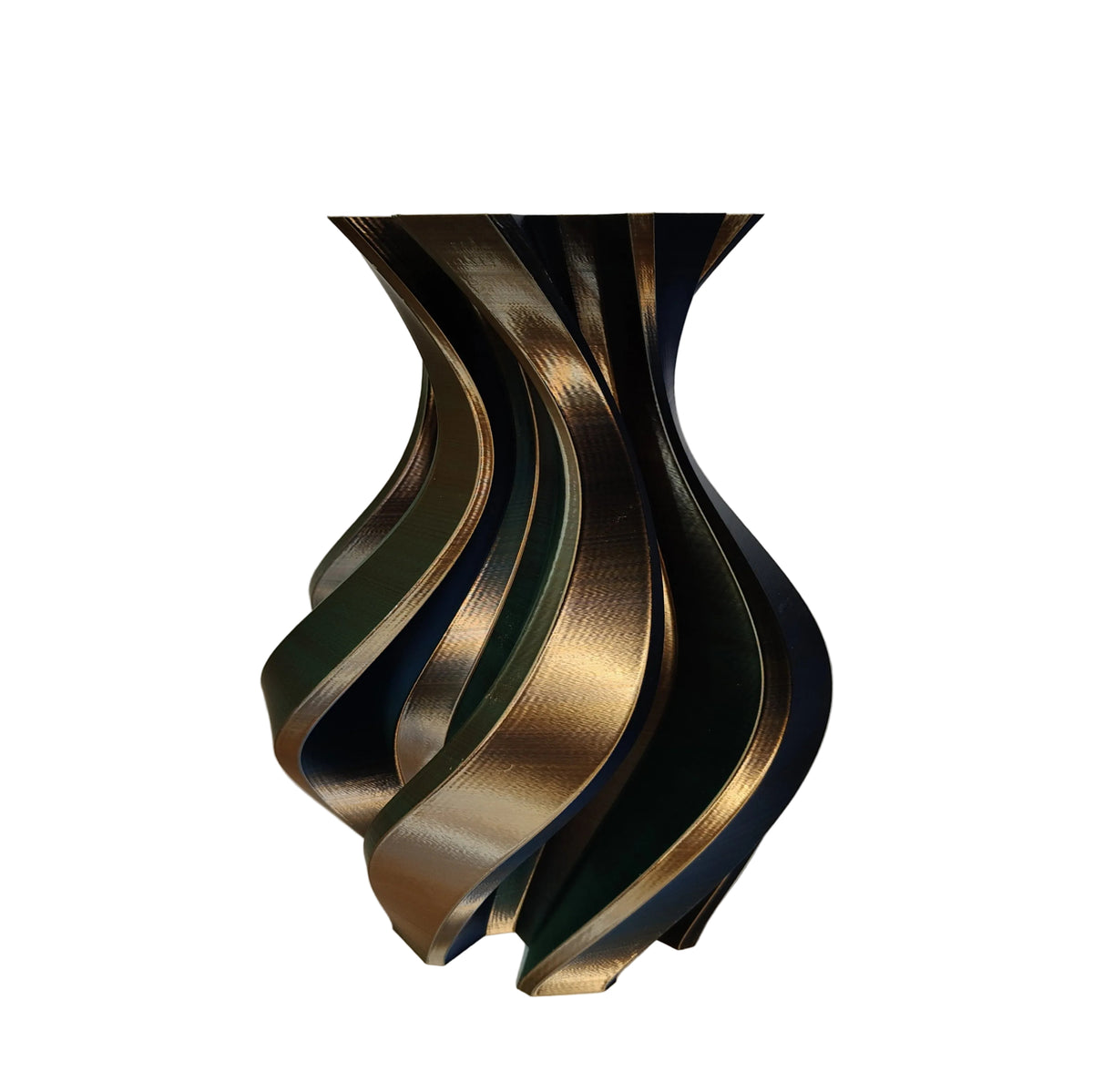 Vaso Twister Design Blu, Verde e Bronzo – stampa 3D Made in Italy, vista da un'altra angolazione