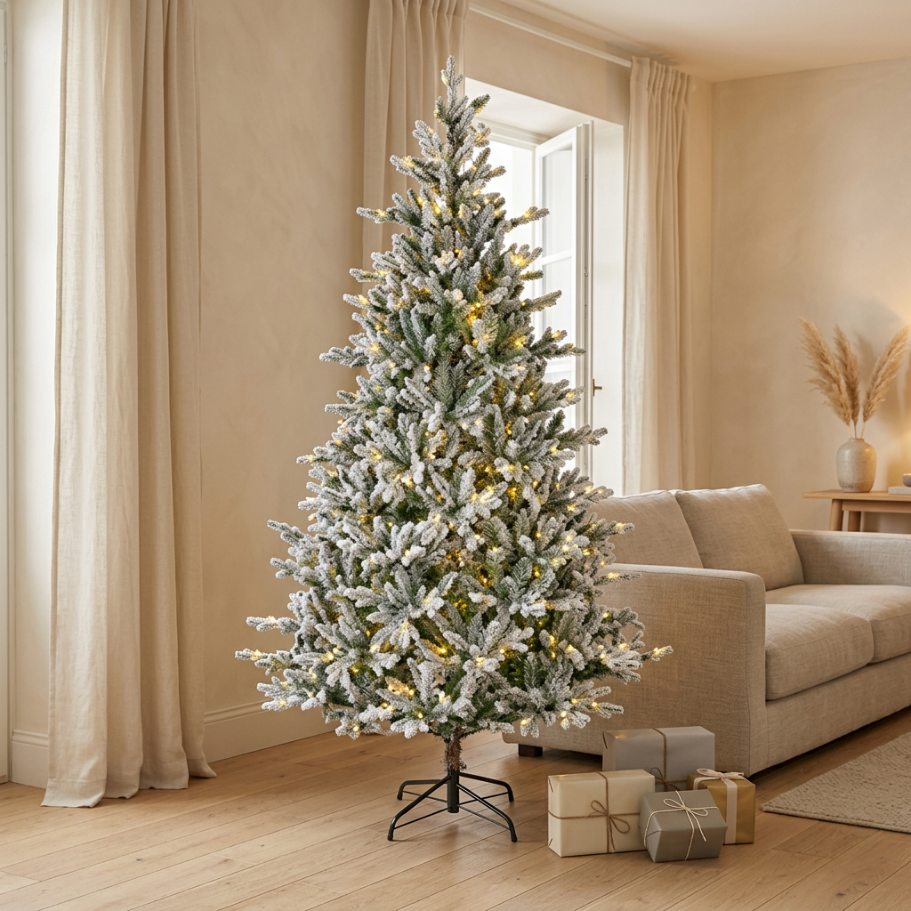 Albero Allison innevato ambientato in un soggiorno elegante