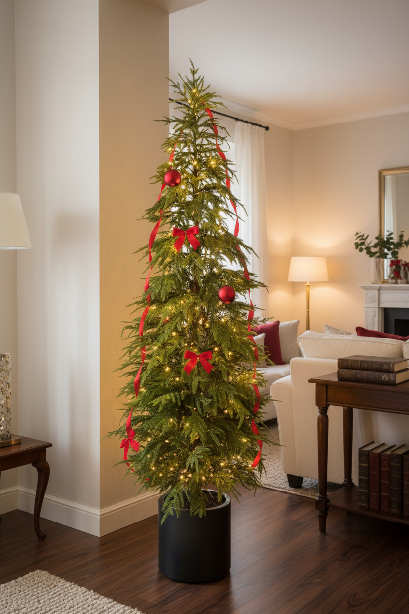 Albero Alpino Addobbato – Fiocchi Rossi e LED