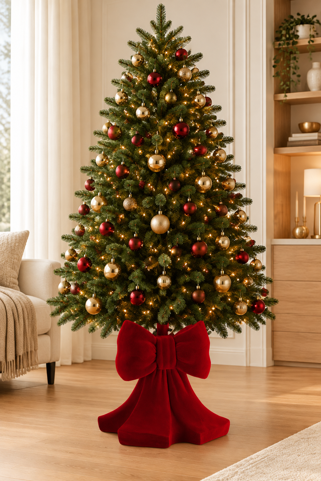 Albero di Natale con base a fiocco in velluto rosso ambientato in un soggiorno elegante