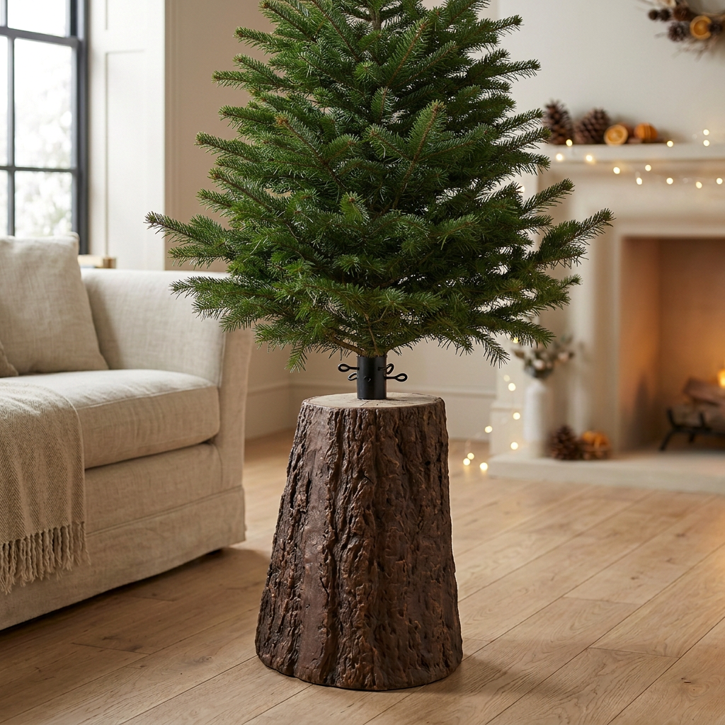 Albero di Natale verde sulla base in tronco