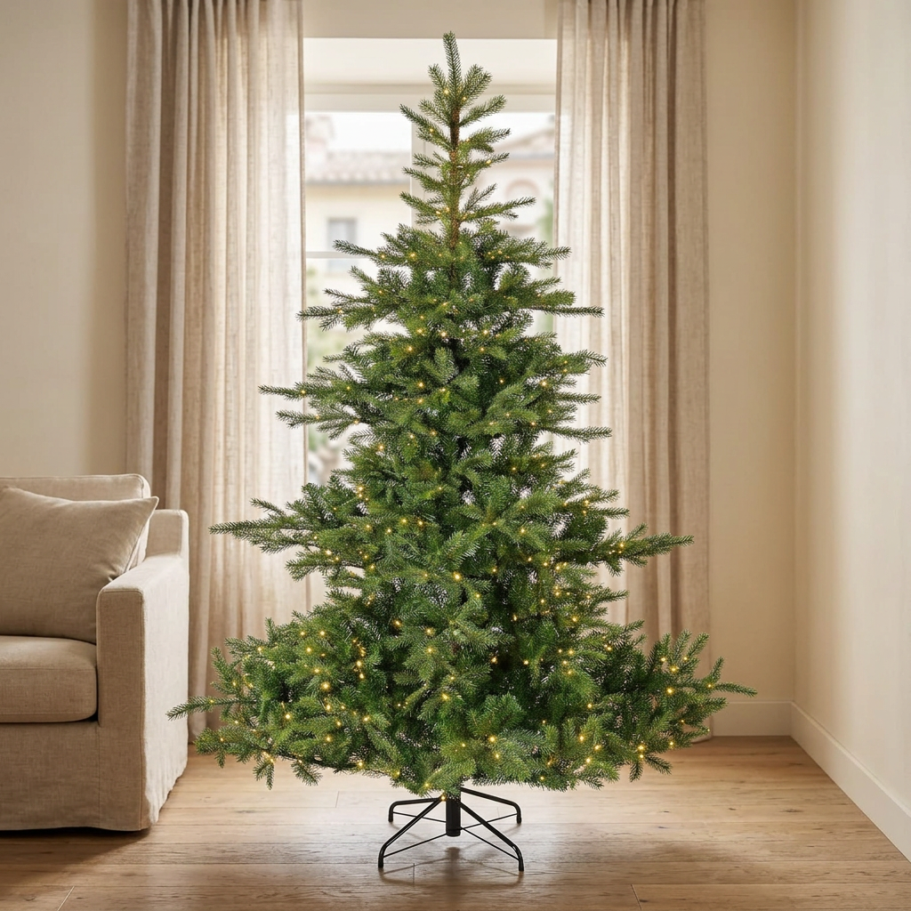 Albero verde con luci ambientato in un soggiorno elegante, formato quadrato