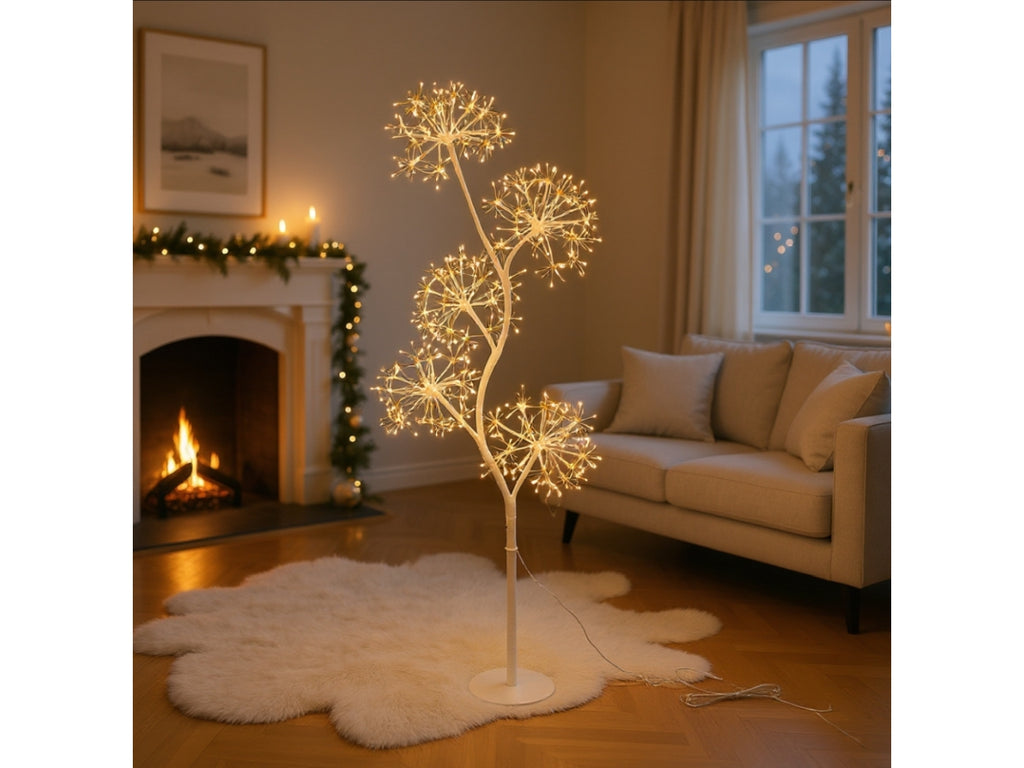 Albero luminoso con sfere soffione LED acceso, struttura bianca