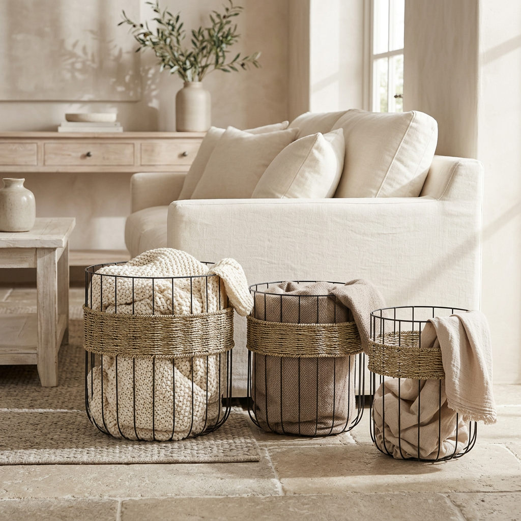 Cestini ambientati con plaid nei toni crema, beige e tortora