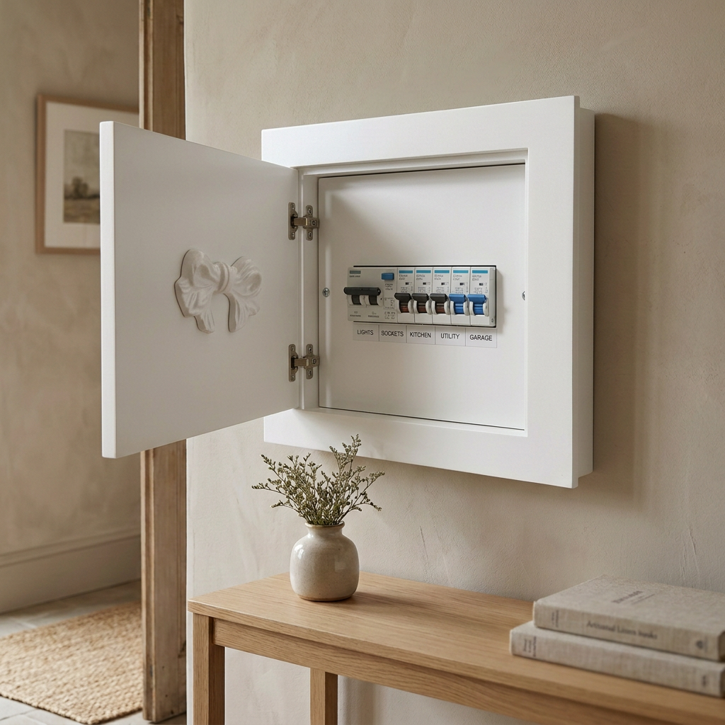 Copricontatore bianco aperto con quadro elettrico visibile all’interno