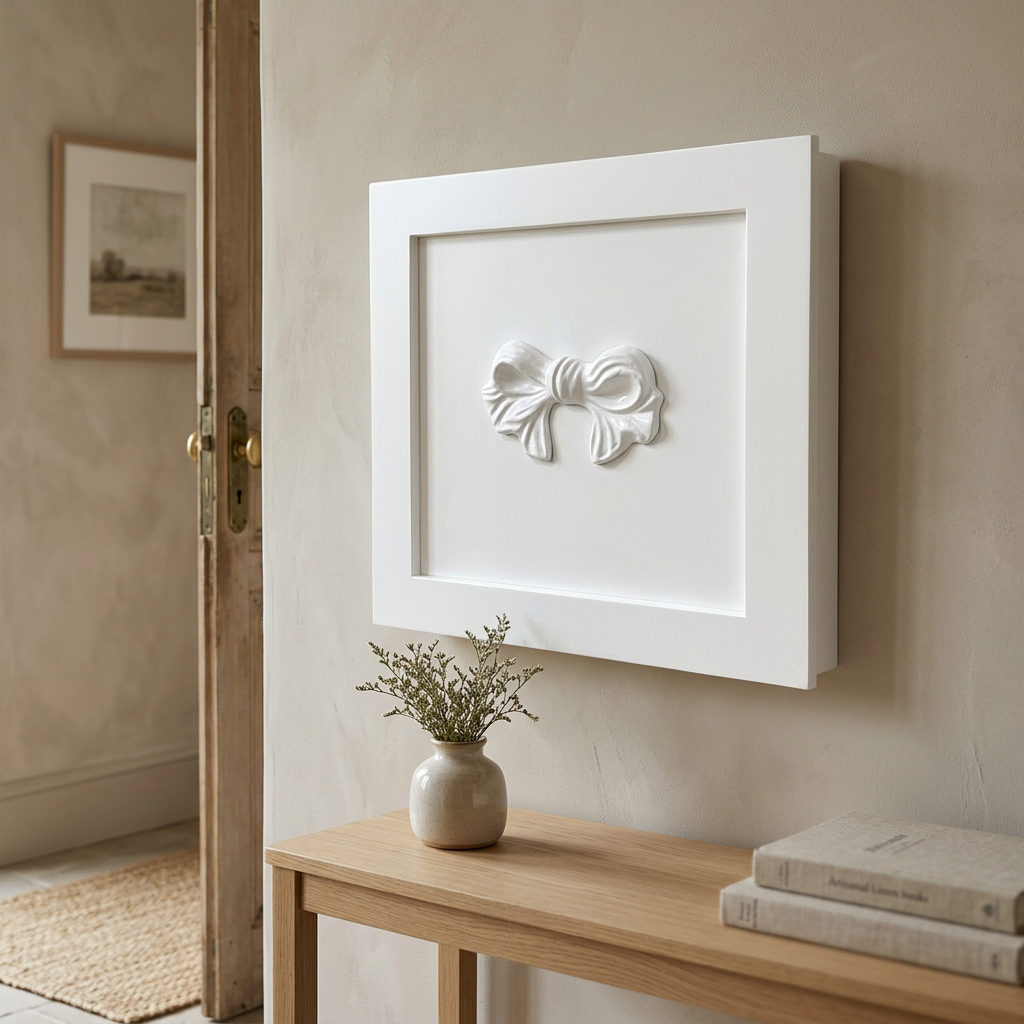 Copricontatore bianco con fiocco ambientato sulla parete di un ingresso elegante