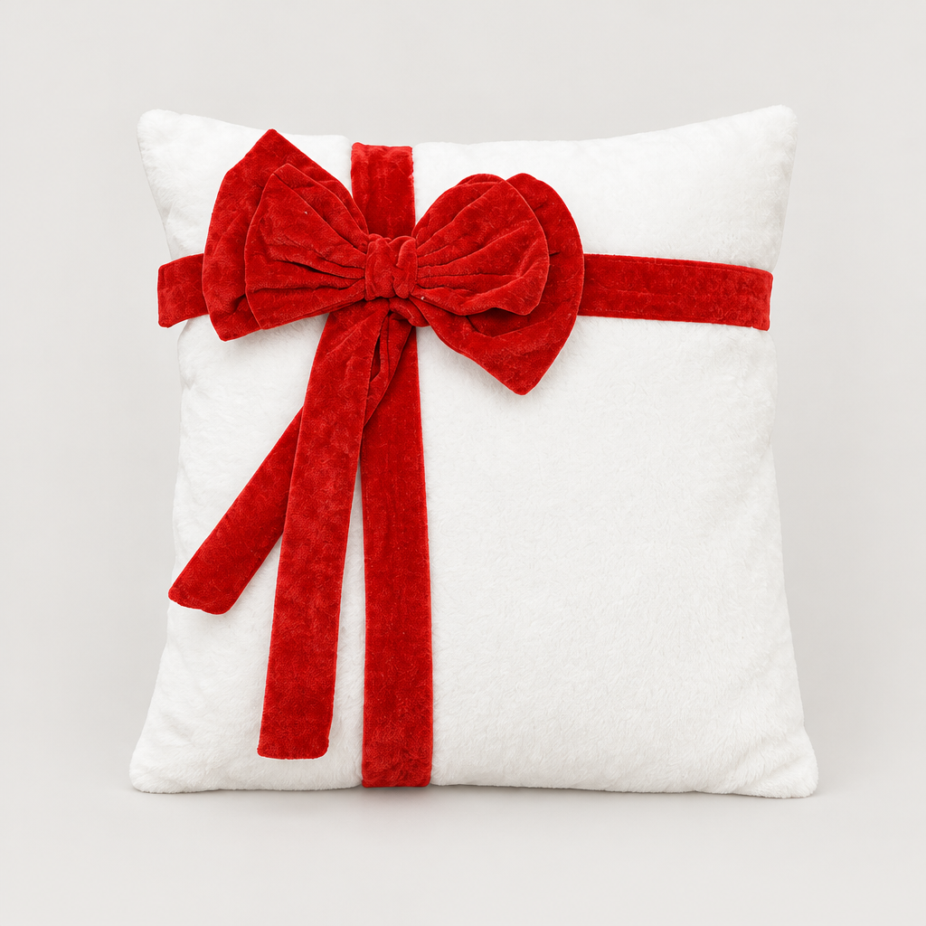 Cuscino natalizio bianco con fiocco rosso