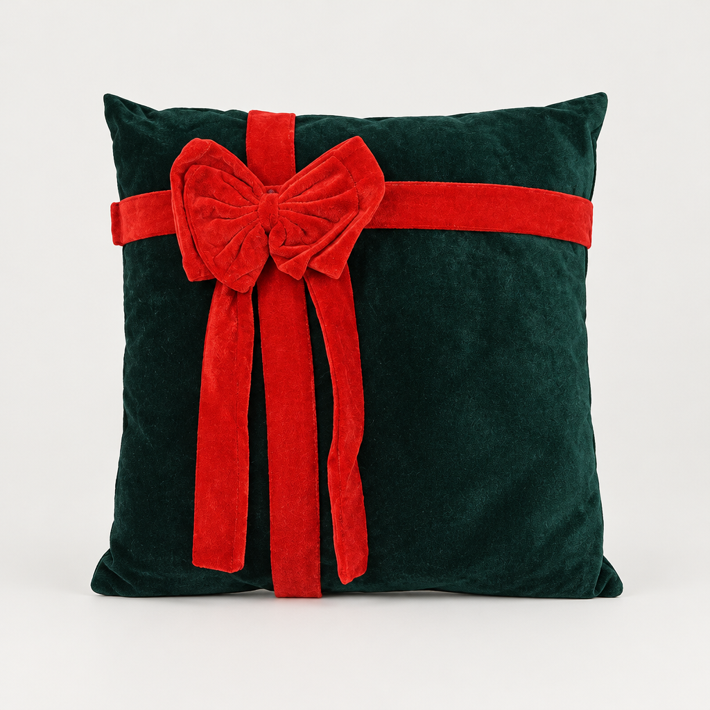 Cuscino natalizio verde con fiocco rosso
