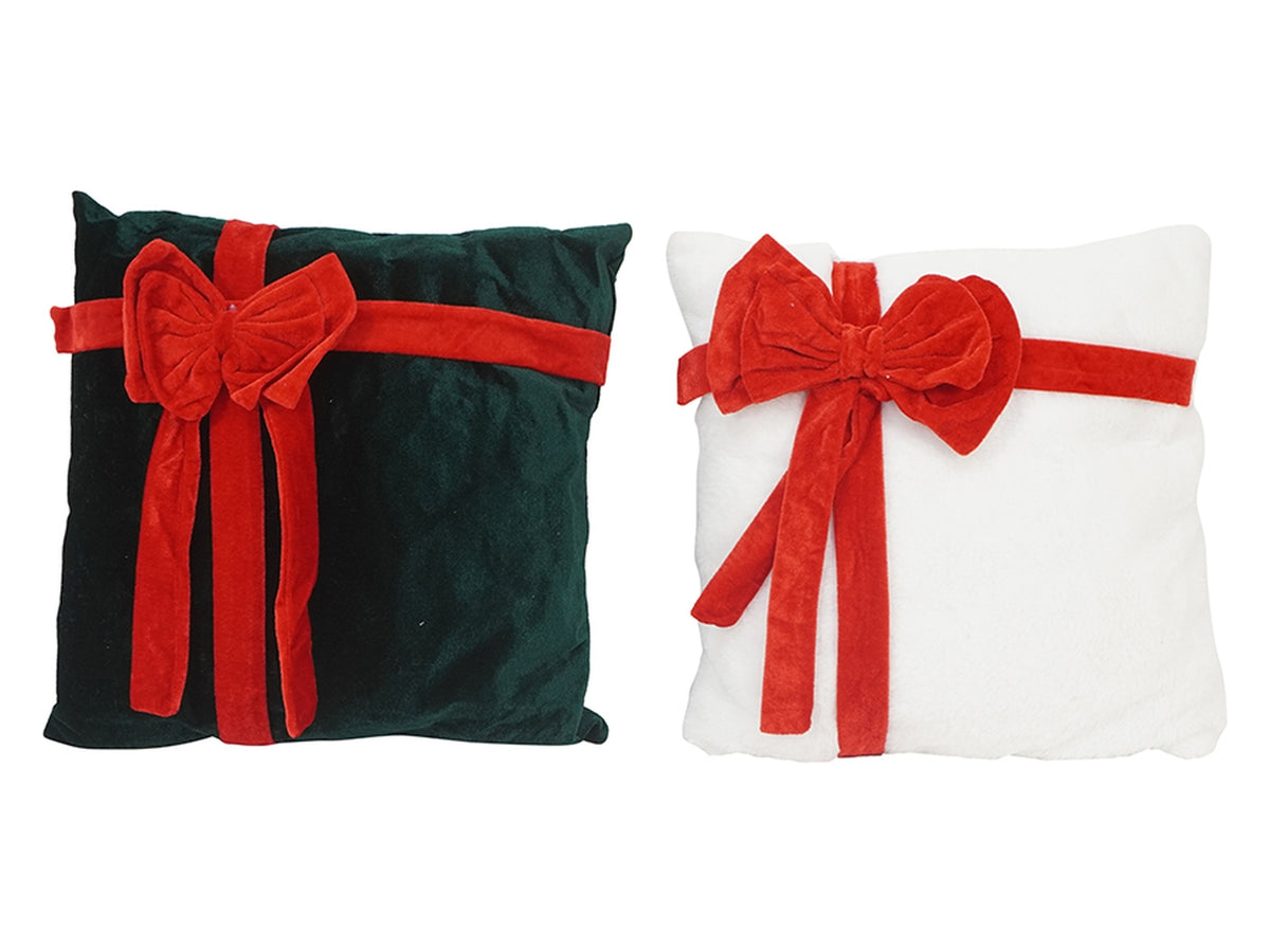 Cuscino natalizio effetto pacco regalo in velluto 42x42 cm con fiocco rosso