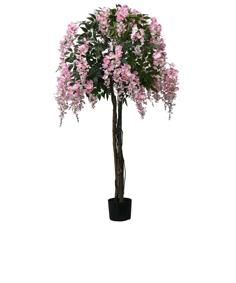 Glicine Rosa Artificiale Pendente 150 cm con Vaso – Tronco in Legno Vero