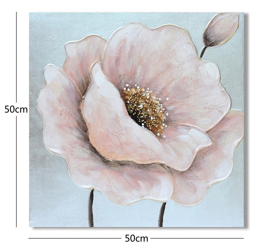 Quadro su tela 50 × 50 cm con fiore rosa su fondo argento e glitter oro