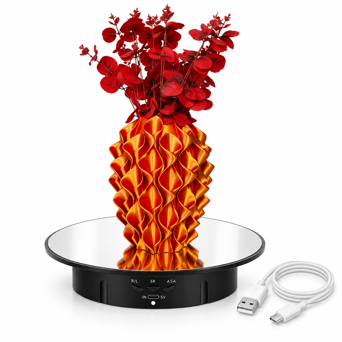 Base girevole nera con superficie a specchio e cavo USB, Ø20 cm