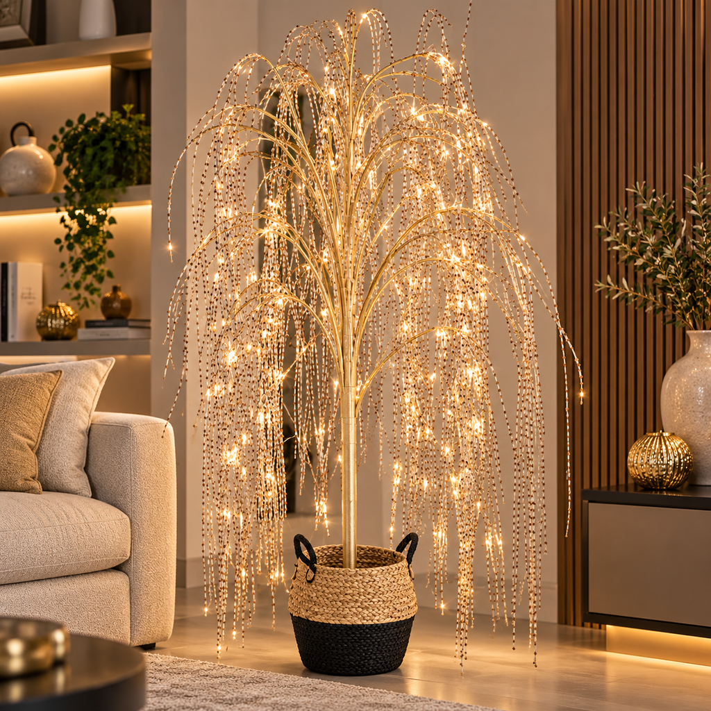 Albero luminoso Salice piangente con struttura oro acceso