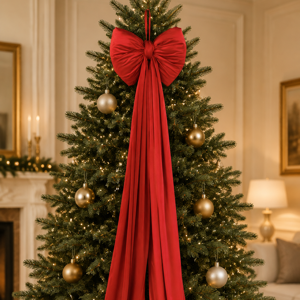 Fiocco rosso con strascico su un elegante albero di Natale