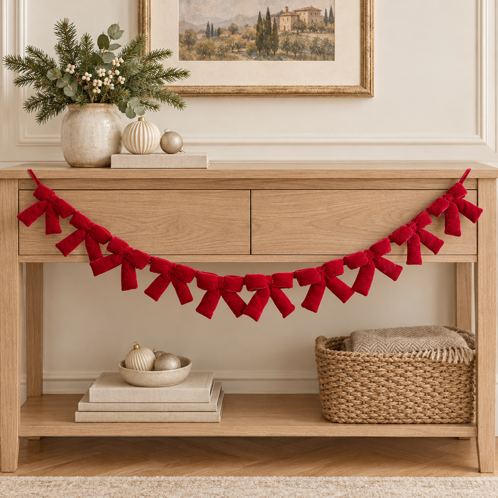 Ghirlanda con fiocchetti in velluto rosso ambientata su una consolle natalizia