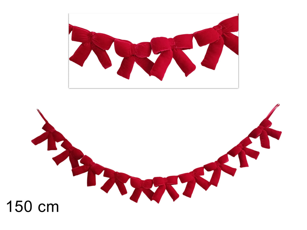 Ghirlanda natalizia da interno lunga 150 cm con fiocchetti imbottiti in velluto rosso