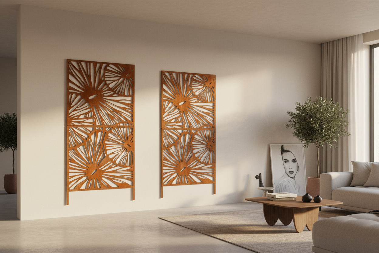 Due moduli del pannello decorativo corten 85x80 cm appesi come dittico su parete bianca, design italiano
