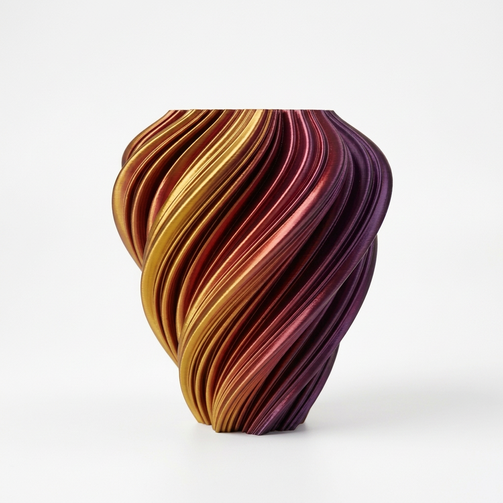 Vaso Roma a spirale sfumato oro, rosso e viola su sfondo bianco, immagine generata