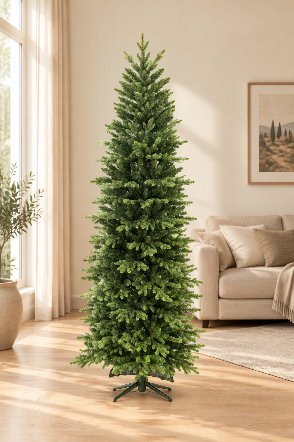 Albero di Natale Panama semi slim verde ambientato in un soggiorno con arredi neutri e pavimento in legno