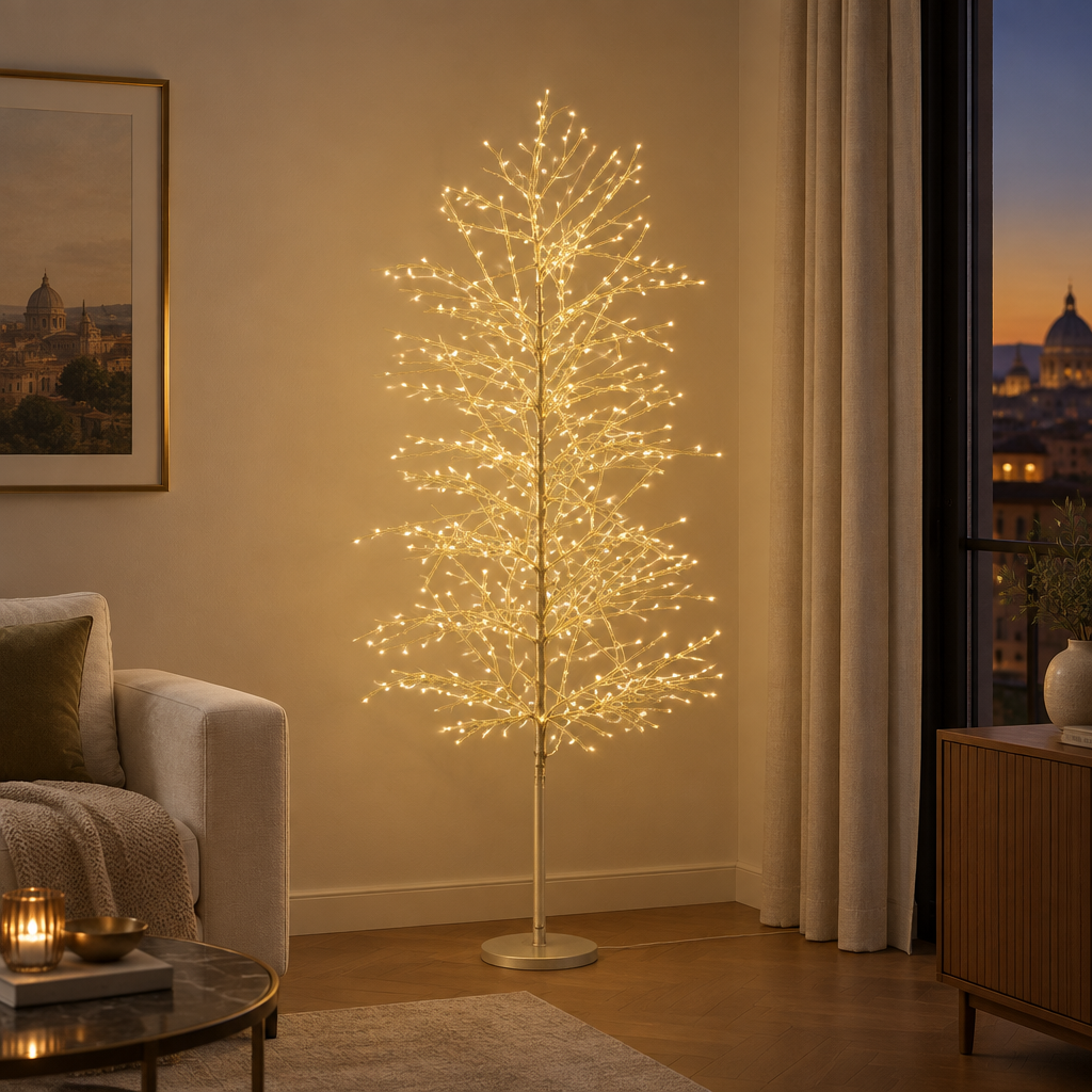 Albero luminoso Bunch champagne con microLED acceso in soggiorno