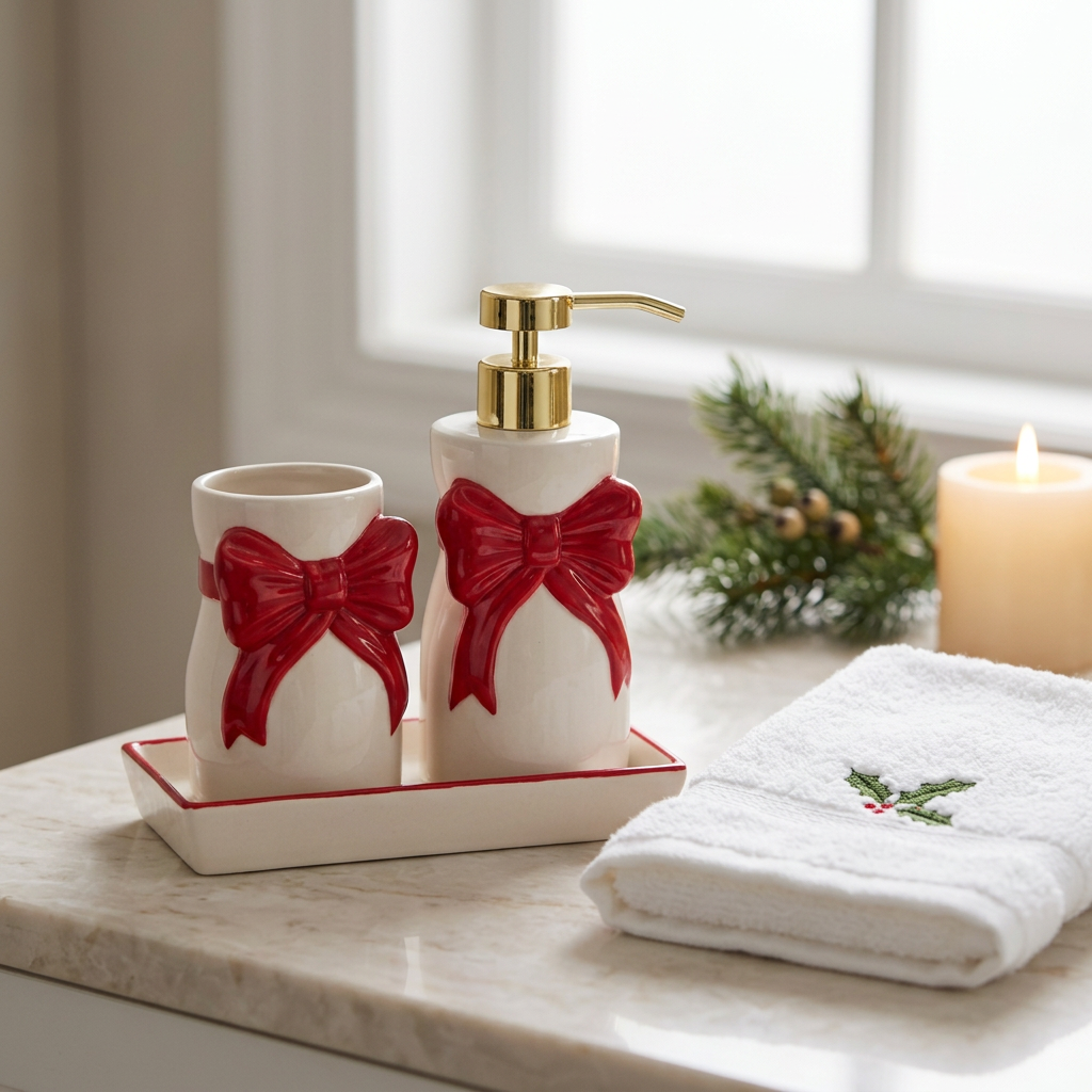 Set bagno natalizio in ceramica bianca con fiocco rosso su vassoio, ambientato in bagno con candela e ramo di pino