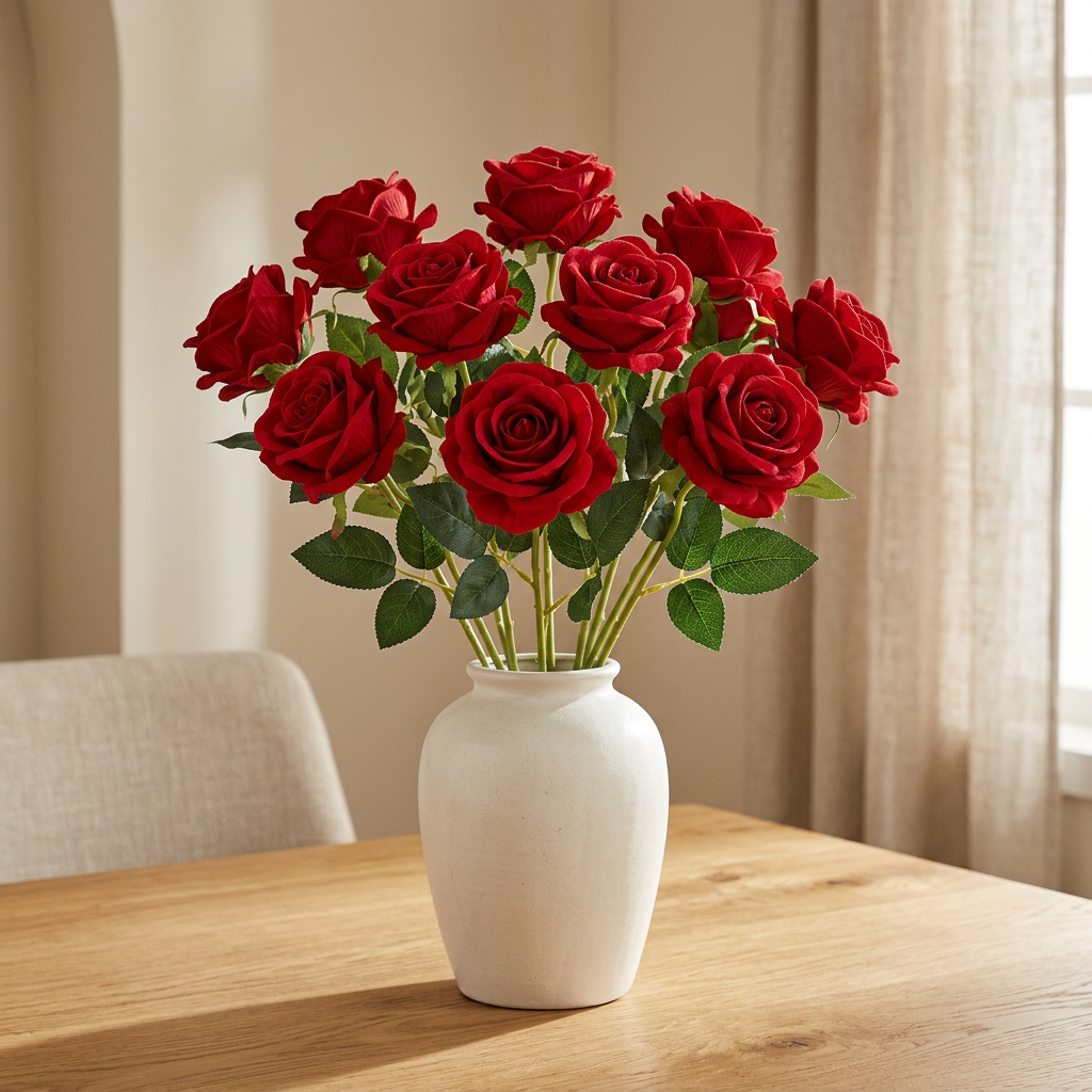 Mazzo di rose rosse vellutate in un vaso color avorio su un tavolo in legno