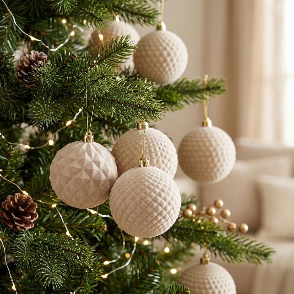 Palline beige su un albero di Natale con lucine calde e un’ambientazione elegante