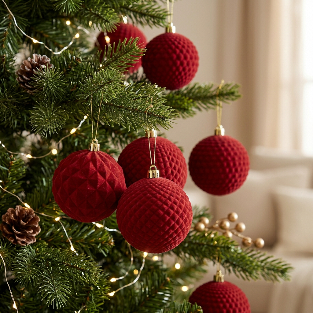 Palline rosse con texture floccata sull’albero di Natale