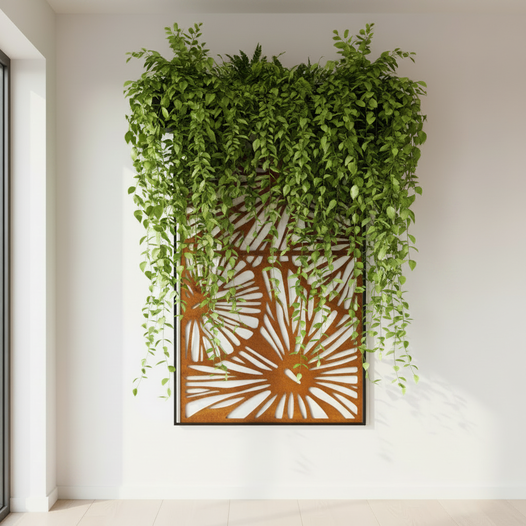 Pannello corten con rametti intrecciati nelle fessure