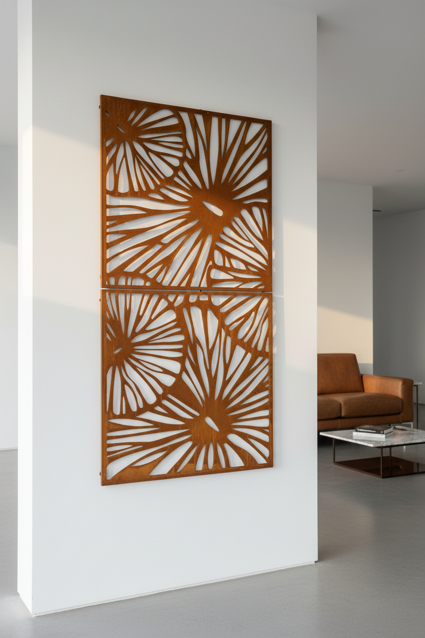 Pannello corten diviso in due metà su muro