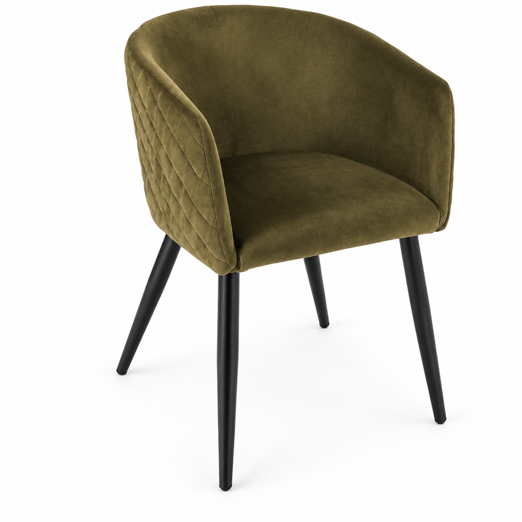 Poltroncina in velluto verde cachi con schienale trapuntato e gambe in metallo nero