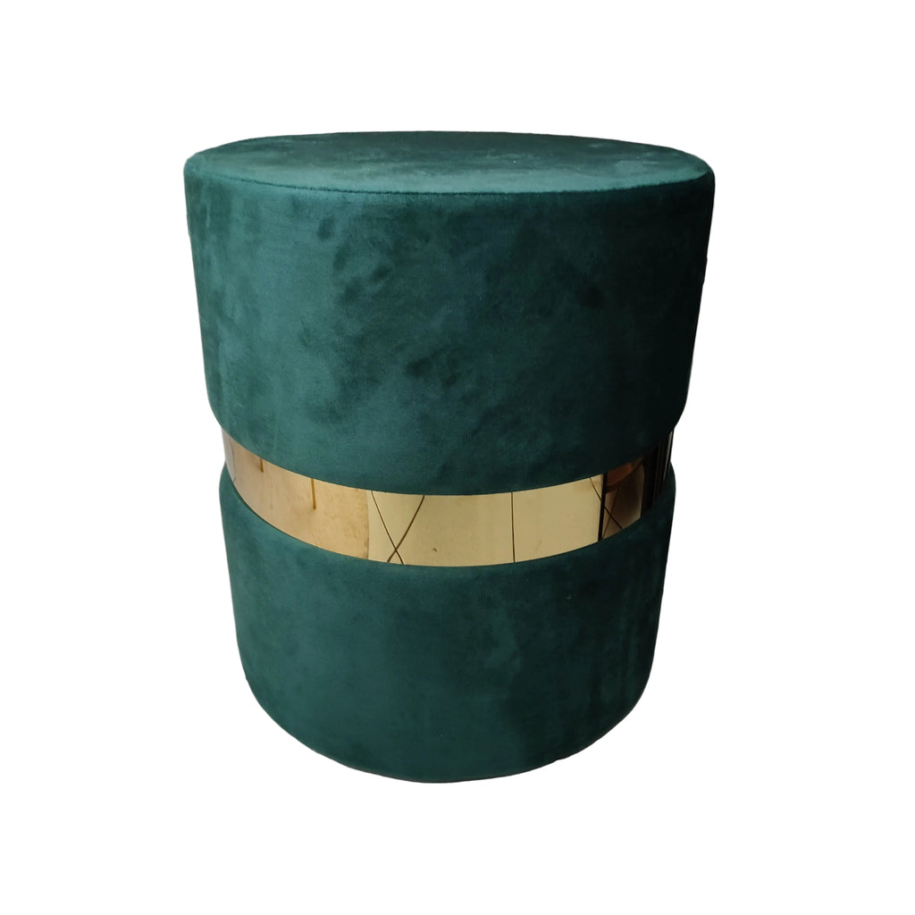 Pouf tondo in velluto verde con fascia oro Ø 30 × 39 cm