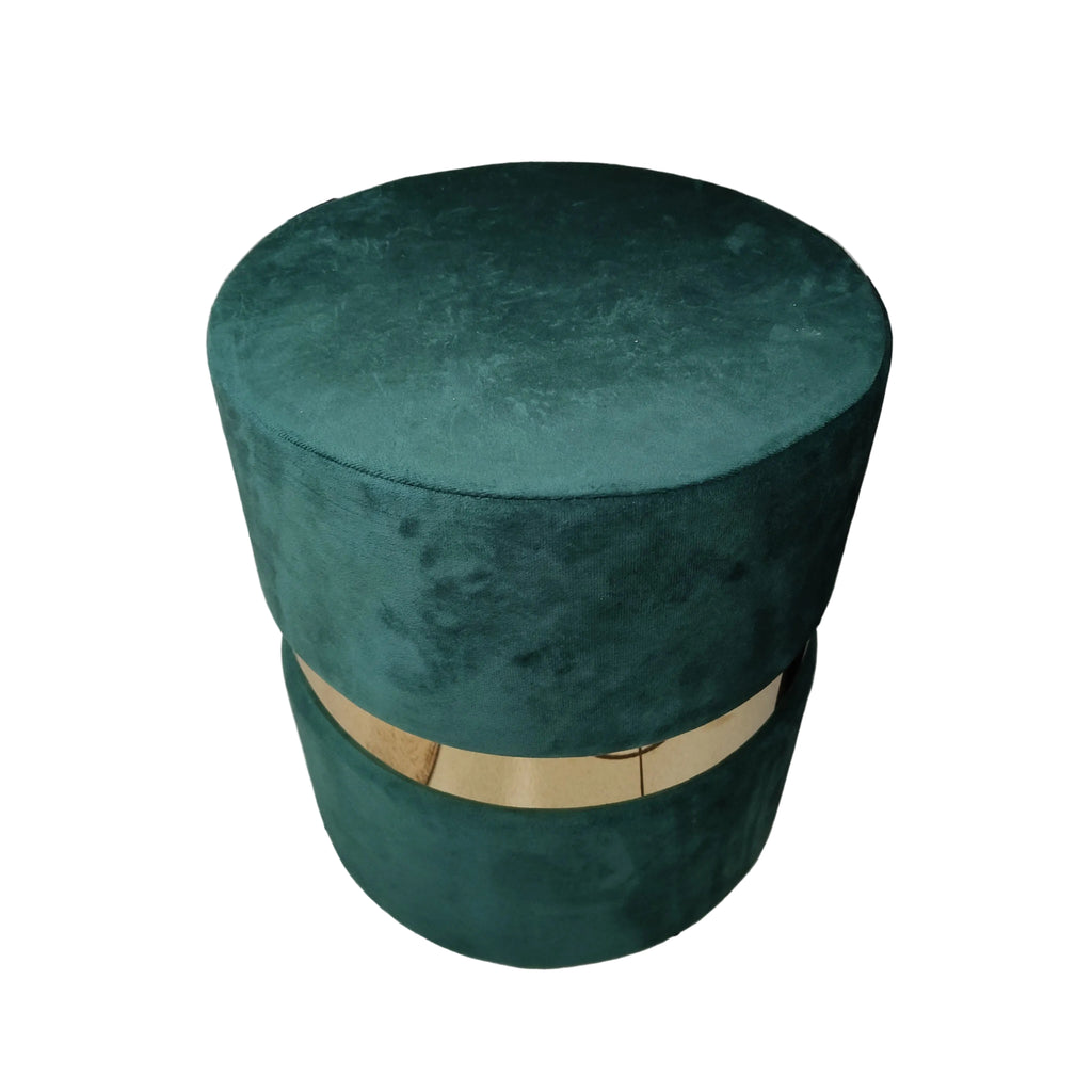 Pouf tondo in velluto verde con fascia oro Ø 30 × 39 cm