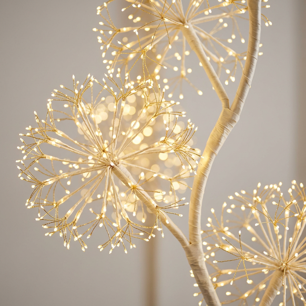 Primo piano delle sfere LED del ramo luminoso
