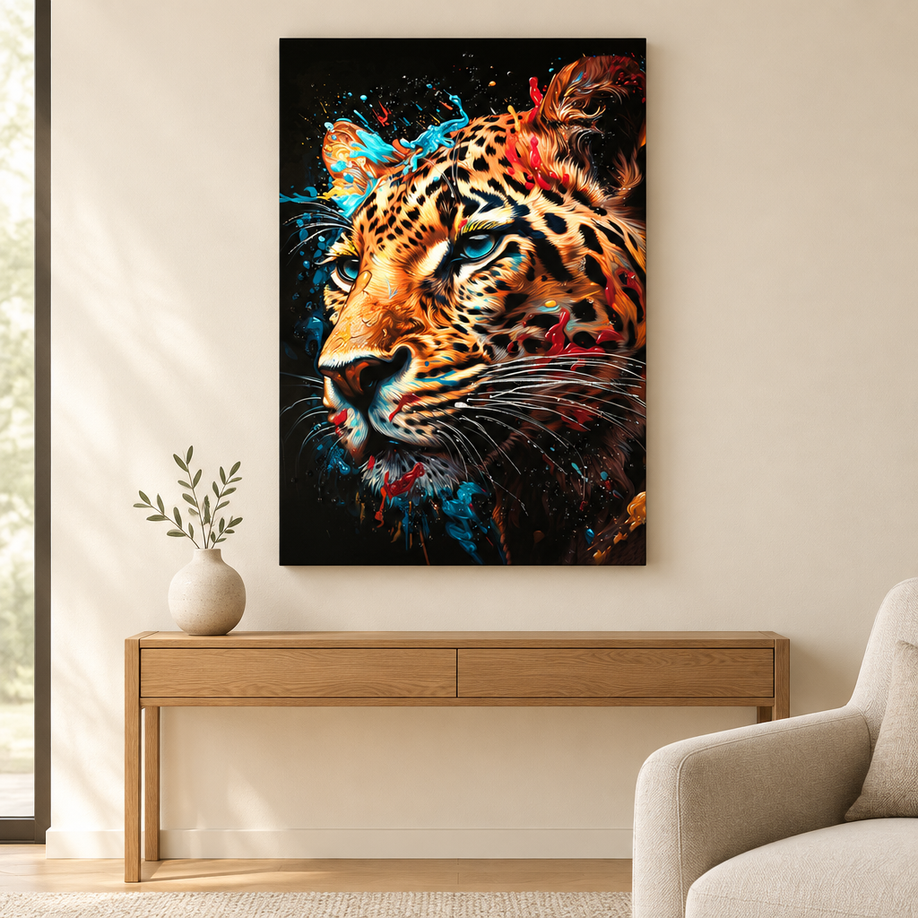 Quadro Brilliant Leopard ambientato in un soggiorno contemporaneo