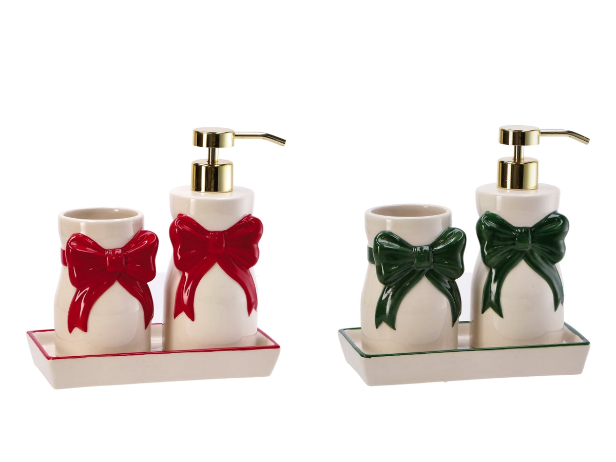 Set bagno natalizio in ceramica con fiocco: dosatore, portaspazzolini e vassoio
