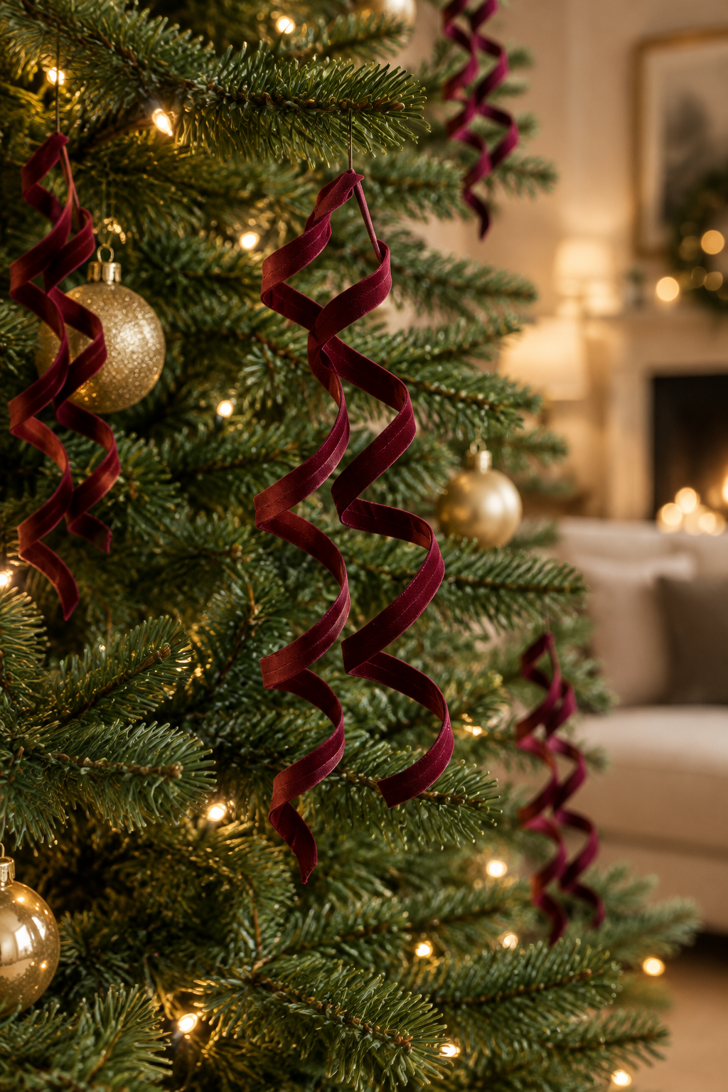Riccioli bordeaux inseriti tra i rami di un albero di Natale