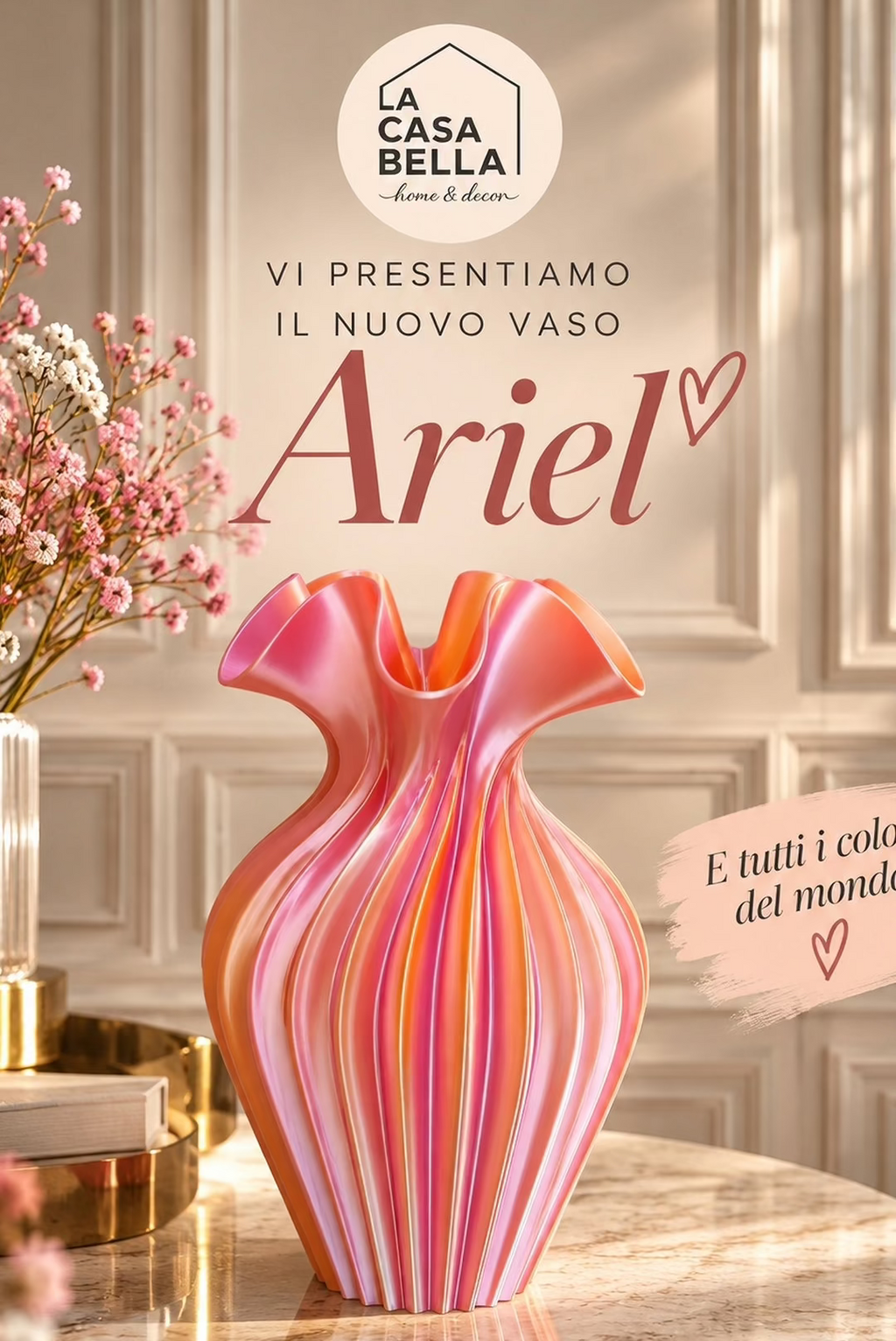 Vaso Ariel rosa, arancio e oro con bordo ondulato – stampa 3D Made in Italy