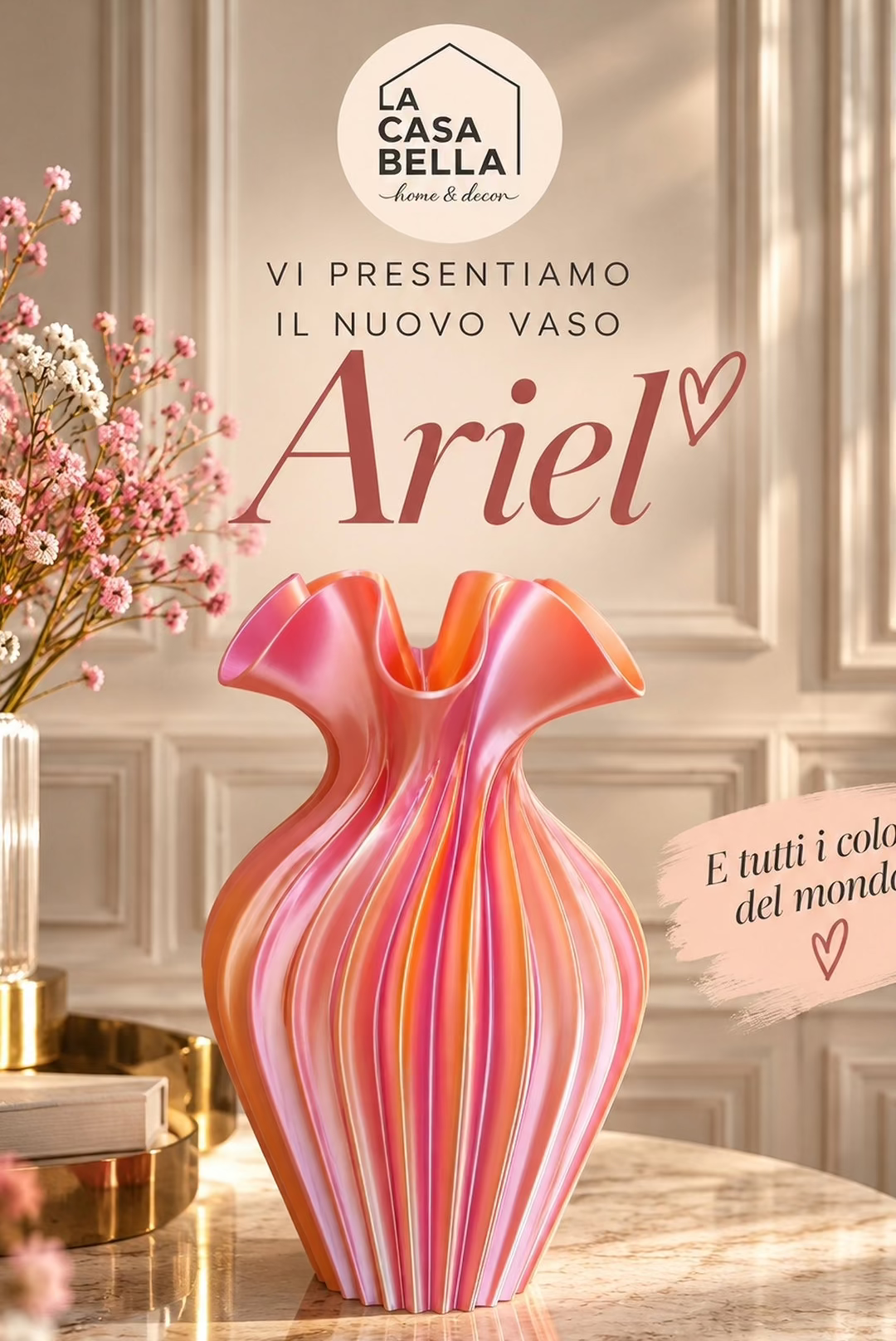 Vaso Ariel rosa, arancio e oro con bordo ondulato – stampa 3D Made in Italy
