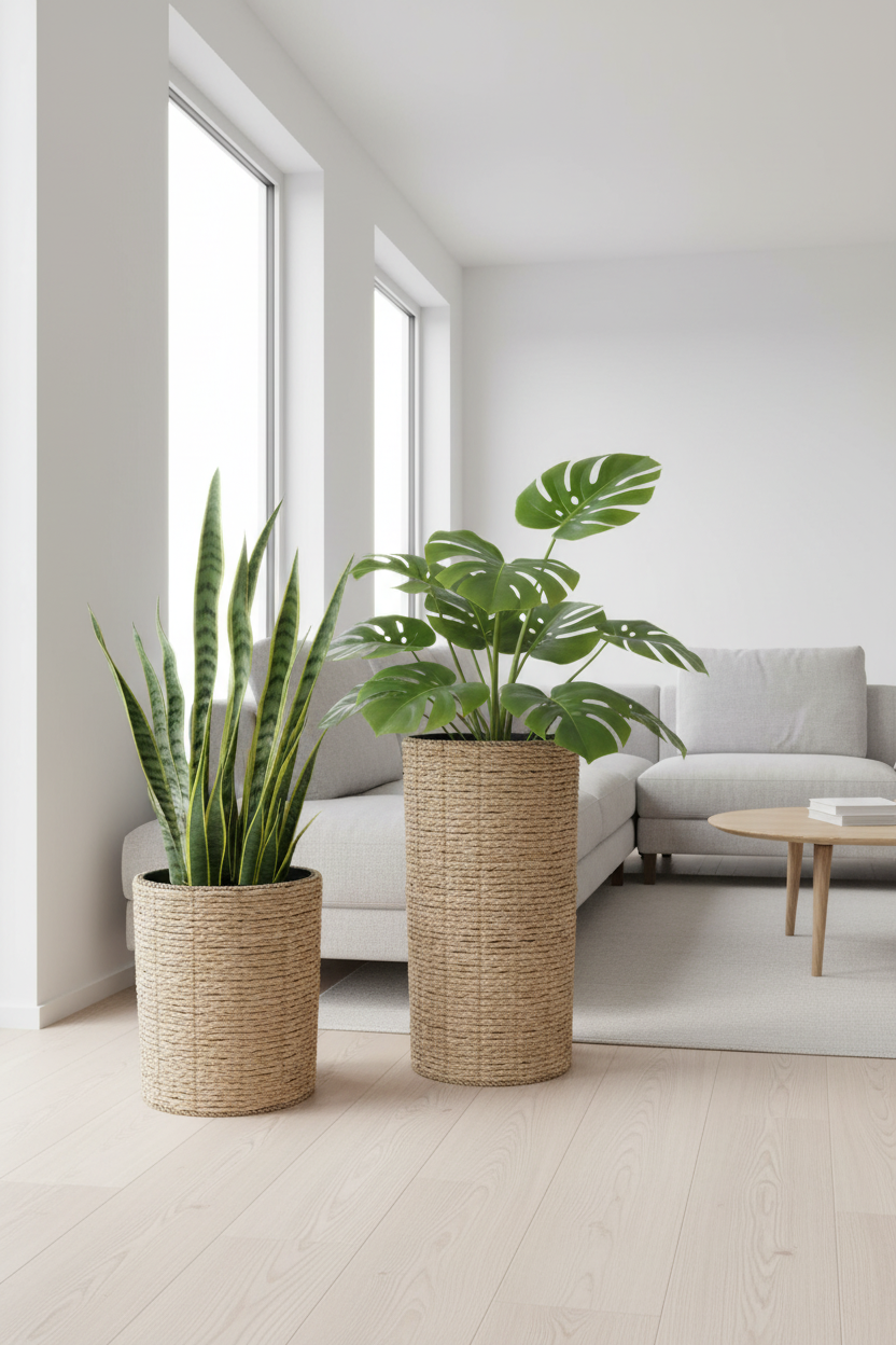 Set 2 Vasi Intrecciati – Ambientazione con Piante