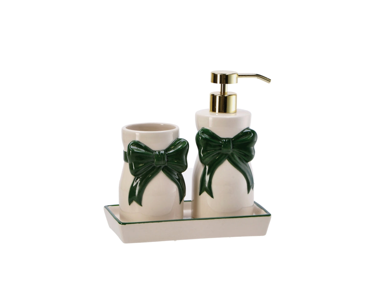 Set bagno natalizio in ceramica bianca con fiocco verde