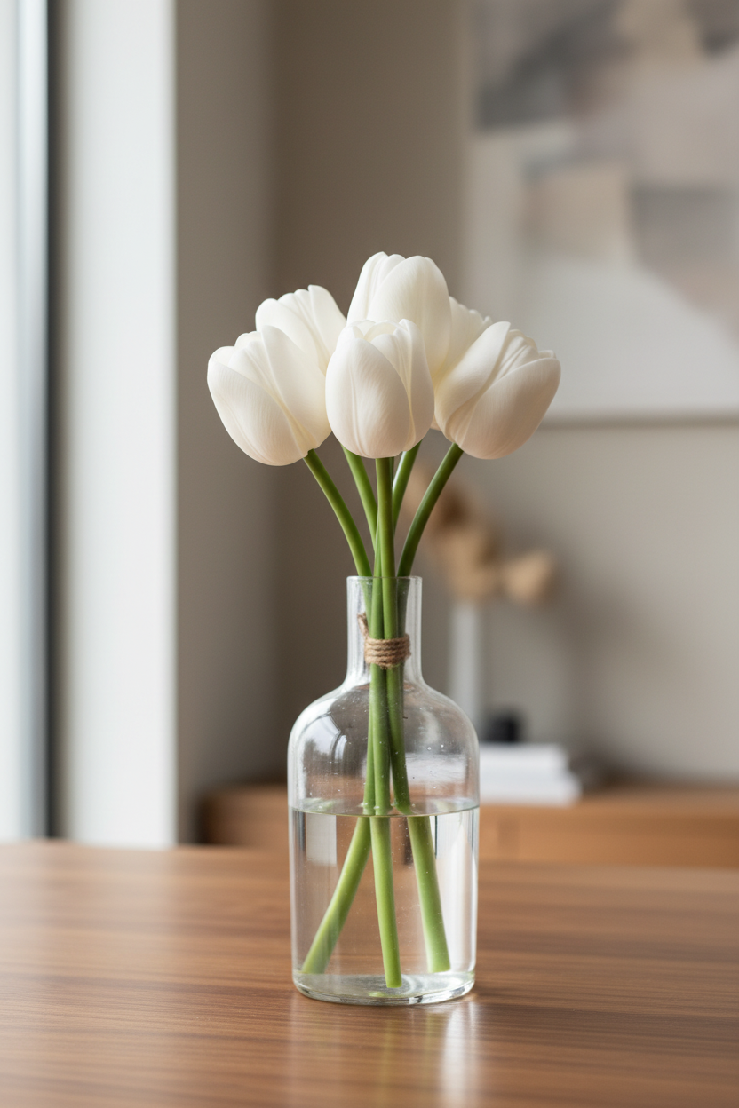 Tulipani in ampolla di vetro su tavolo