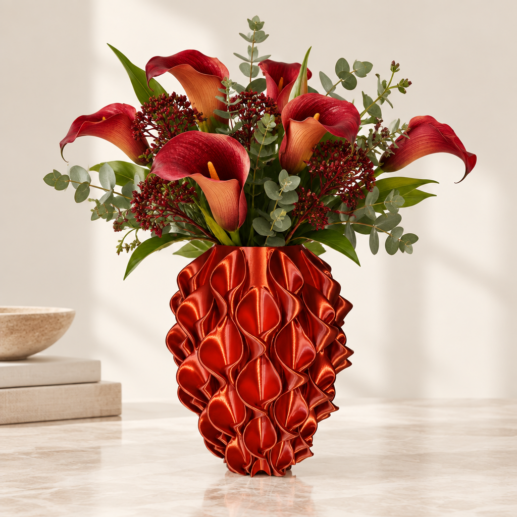 Vaso Calla rosso con fiori, foto professionale