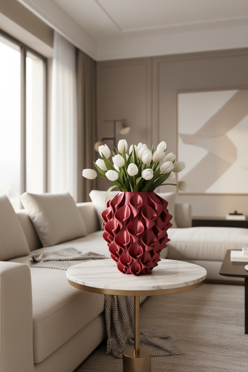 Vaso Calla Rosso Perla con tulipani bianchi in salotto