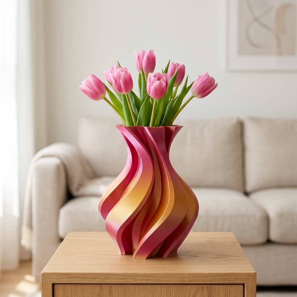 Vaso rosa e oro con tulipani freschi su un tavolino