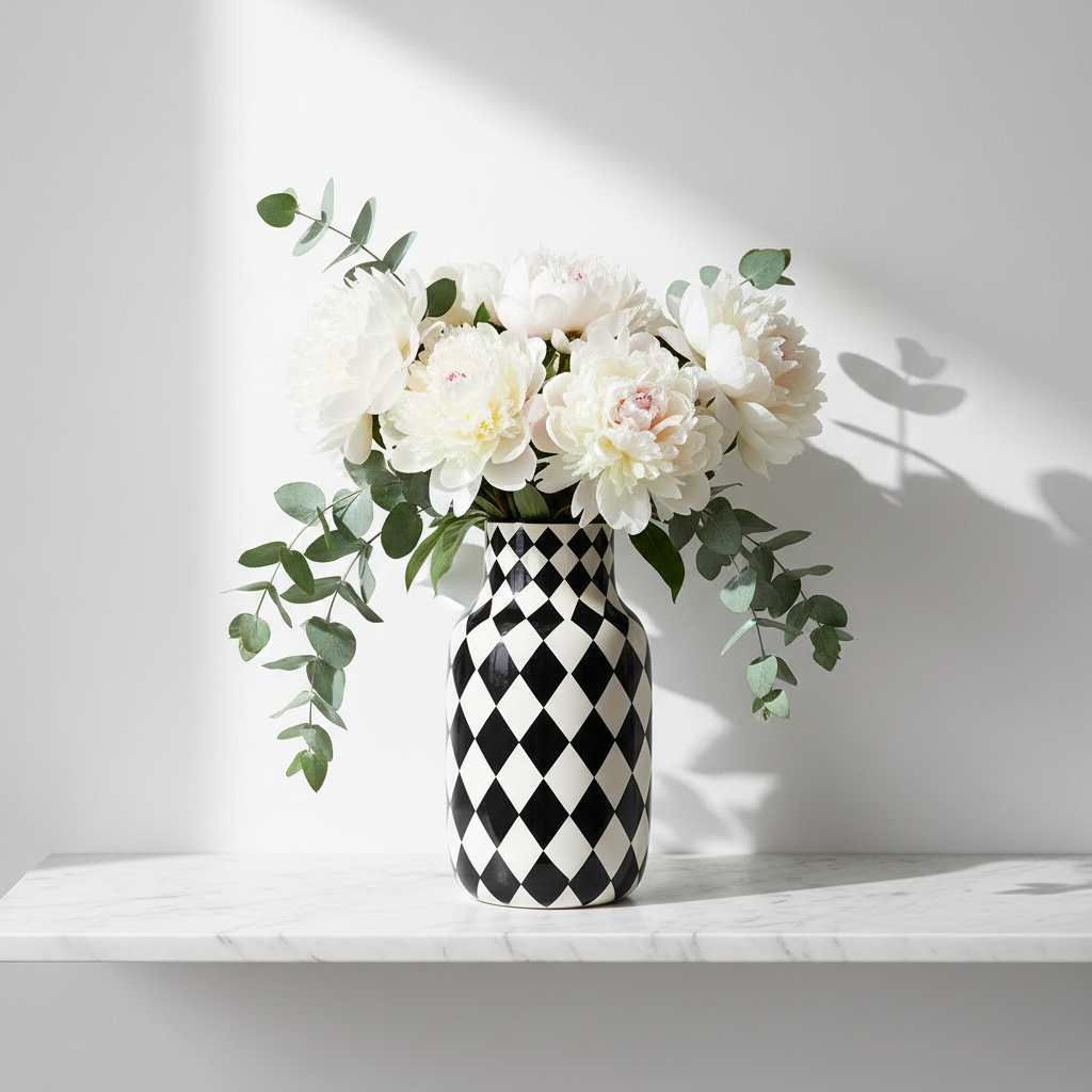 Vaso Scacchi ambientato con fiori